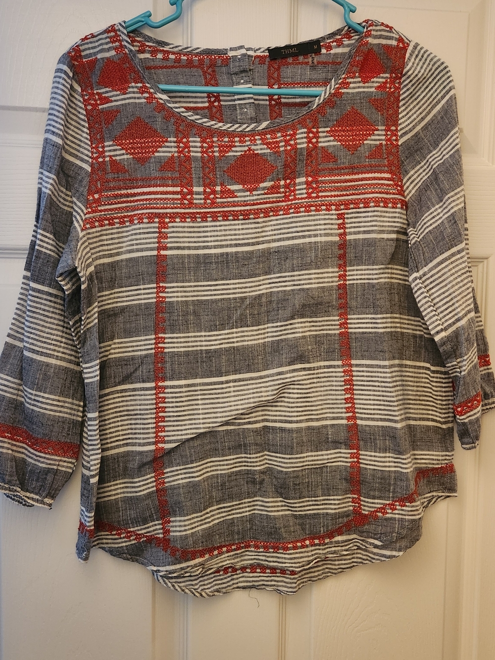 THML Embroidered Striped Boho Blouse Button Back Top Red Navy Medium